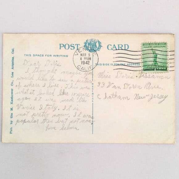 Windward Ave from Lagoon Venice California 1930s Postcard 1942 White Border - Picture 2 of 2